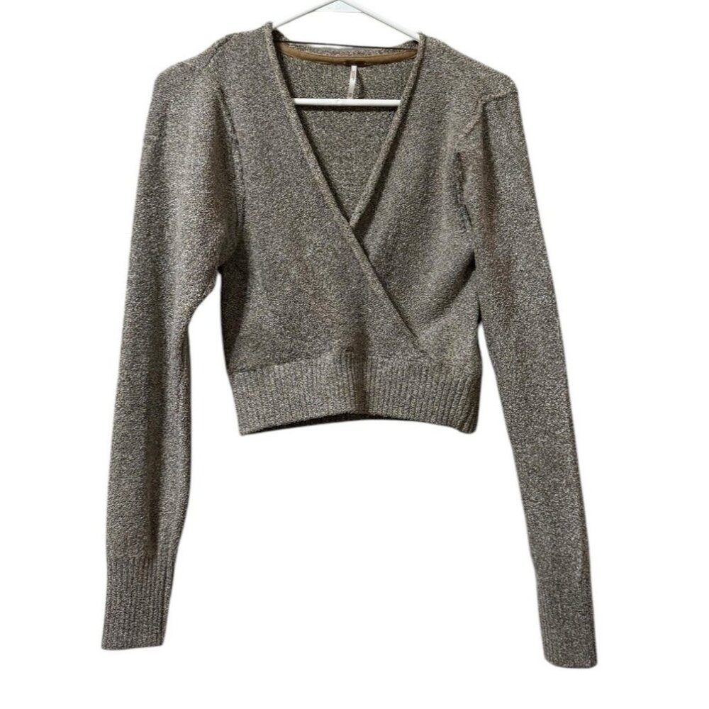 FREE PEOPLE FP Going For Gold V‎ Neck Wrap Crop Sweater Long Sleeve Knit Size XS